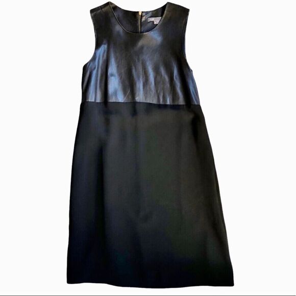 VINCE Womens Lambskin Leather Chiffon Shiftdress 8 Sleeveless Punk Rocker - Picture 1 of 3